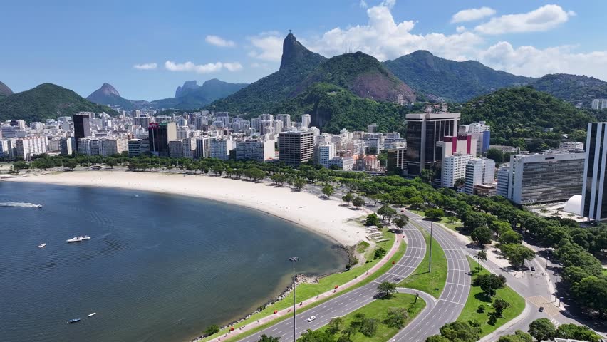 Botafogo Beach In Rio De Janeiro Brazil. Aerial View Of Stunning Beach With Crystal Clear Waters. Industry Landscape High Rise Building Awesome. Industry Town. Rio de Janeiro Brazil.