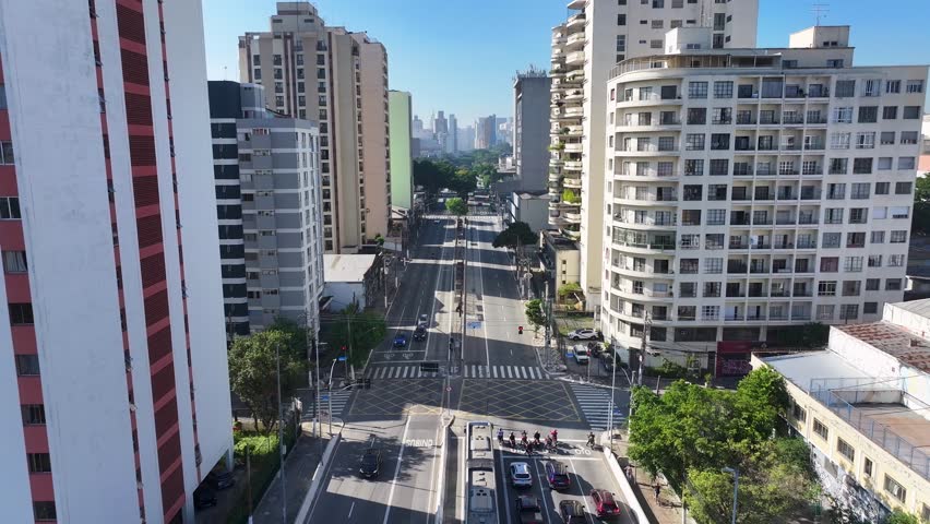 Rio Branco Avenue In Sao Paulo Brazil. Aerial View Of A Bustling City With High-Rise Buildings And Traffic. Business Clouds Sky Downtown Cityscape. Business Panoramic. Sao Paulo Brazil.