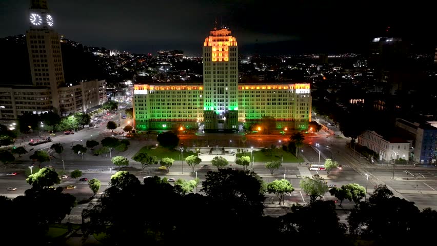 Duque De Caxias Square In Rio De Janeiro Brazil. Amazing Skysrapers And Traffic On Street Viewed From Above. Night Street Downtown Cityscape. Night Downtown Famous. Rio de Janeiro Brazil.