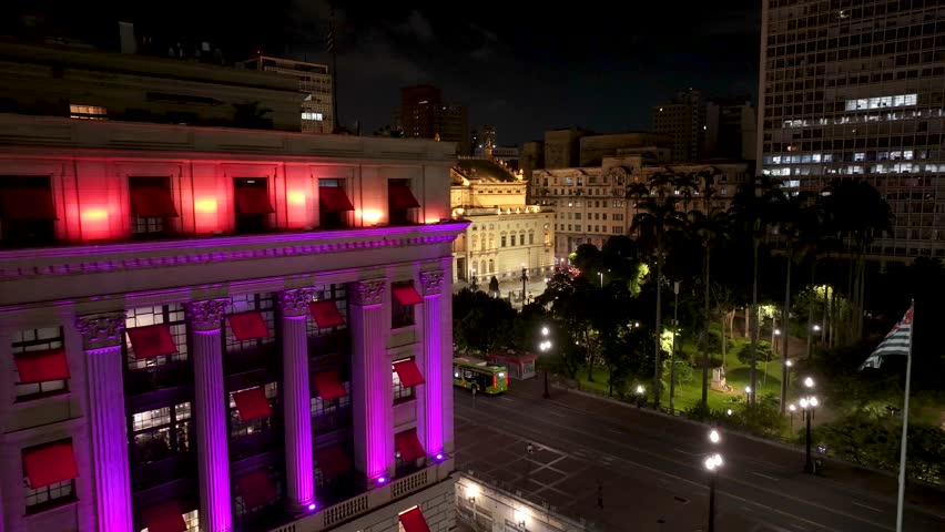 Night Municipal Theater In Sao Paulo Brazil. Aerial View Of Landmark Medieval Building In Downtown Scene. Building Industrial Landscape Company Building Stunning. Industrial Architecture.