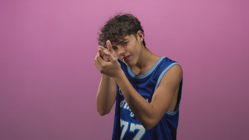 Teen boy in blue basketball jersey number 77 leans forward pointing fingers like a gun with hands in studio; playful energy.