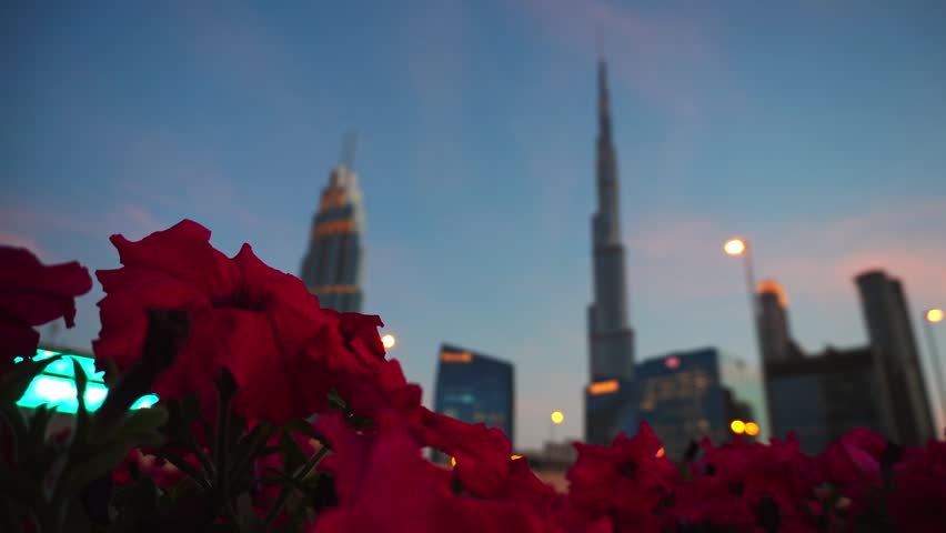 Dubai, UAE - 16th january, 2026: timelapse day to night zoom in view Downtown Dubai, Burj Khalifa and illuminated global business hub skyline panorama in spring at night. City center of now