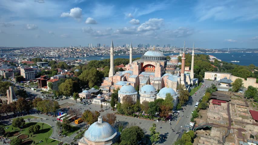 Hagia Sophia Mosque (Ayasofya Camii) and Blue Mosque Drone Video, Sultanahmet Square Eminonu, Istanbul Turkiye (Turkey)