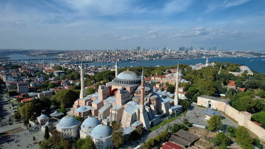 Hagia Sophia Mosque (Ayasofya Camii) and Blue Mosque Drone Video, Sultanahmet Square Eminonu, Istanbul Turkiye (Turkey)