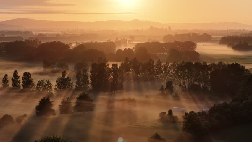 Sunlight rays shining through morning fog above rural farmland and trees in Hamilton New Zealand