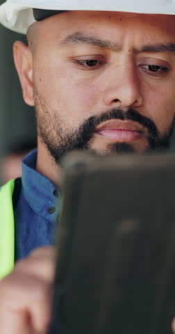 Tablet, man and construction worker on site with research for building, renovation or repairs. Notification, reading and male civil engineer with digital technology for email on inspection approval.