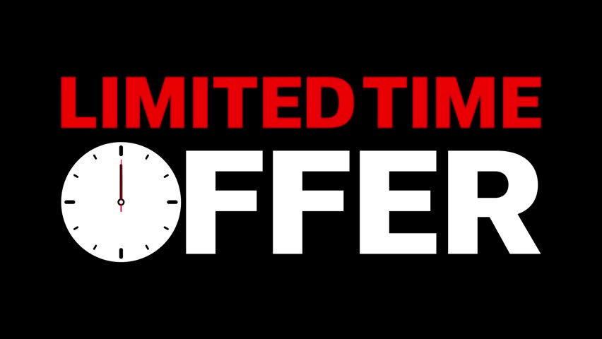 Limited time offer text animation with clock replacing letter O and flashing red text on black background
