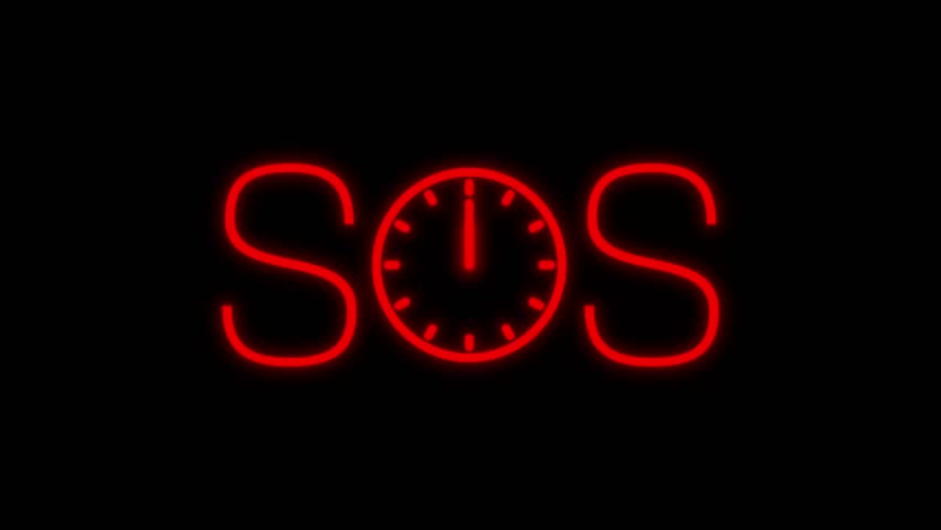 SOS text with clock replacing letter O loop animation on black background representing time emergency concept