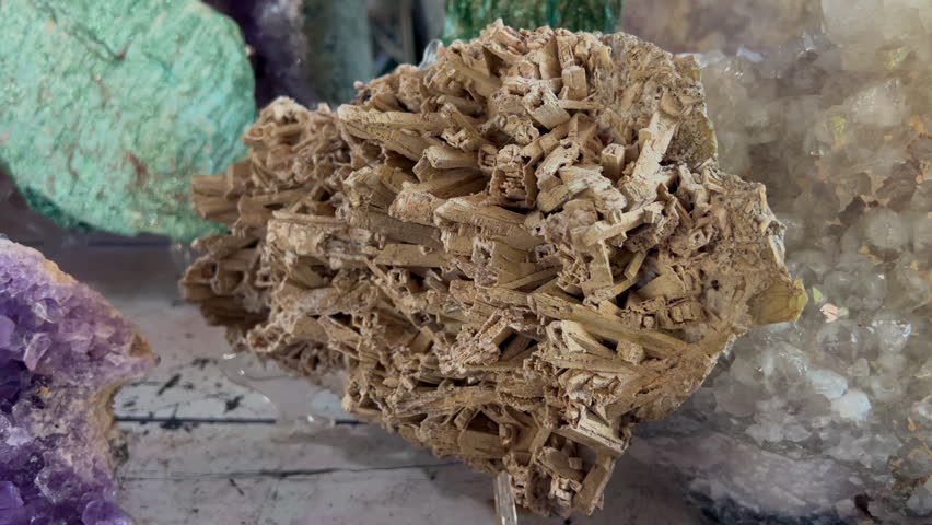 Calcite crystal formation with complex skeletal structure revealed in a detailed close-up showing intricate natural mineral growth