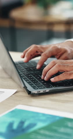 Hands, laptop and typing at startup for review with project management, notes and editing at office. Person, computer and click with report, creativity or copywriting with proposal at creative agency