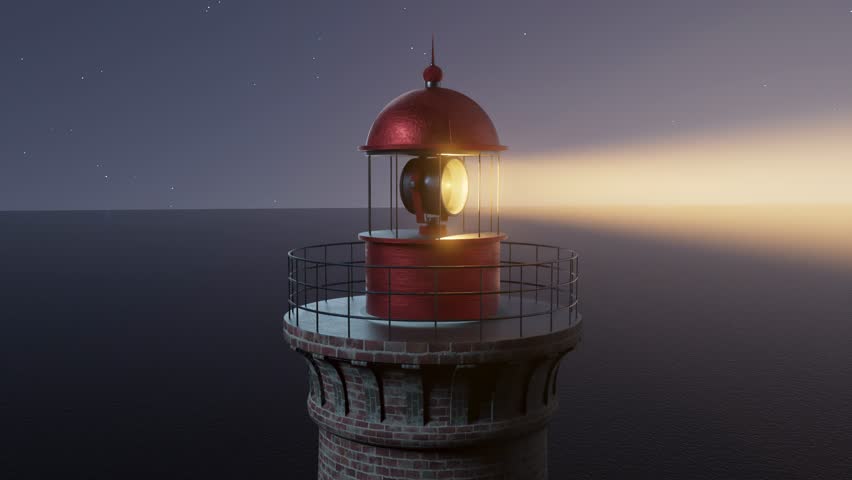 View of a lighthouse at night with its light beam shining over the ocean under a starry sky.