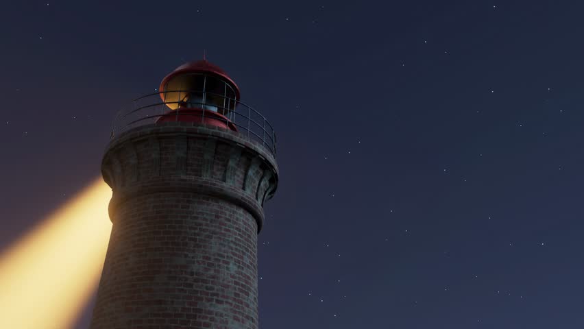 Light from lighthouse guides boats at night near coast under starry sky.