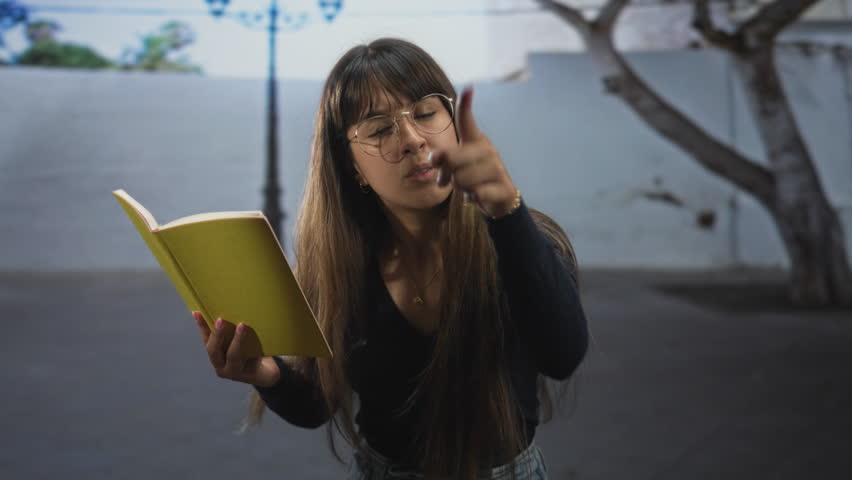 Woman wearing glasses and casual jeans holds yellow book and points finger while reading on street; thoughtful study focus.