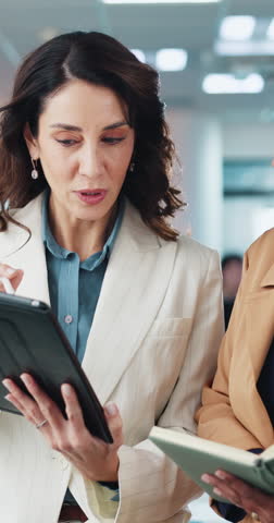 Tablet, notebook and business women in office for budget tips, investment advice or teamwork. Flare, financial advisor and mature mentor with tech for insurance guidance, risk management notes or CRM