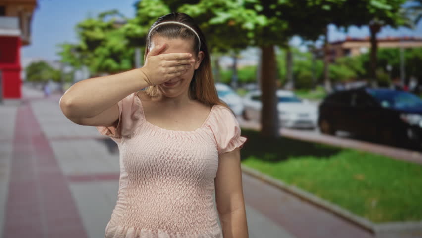 Woman covering eyes with hand on city street sidewalk near parked cars and trees; shy vulnerability.