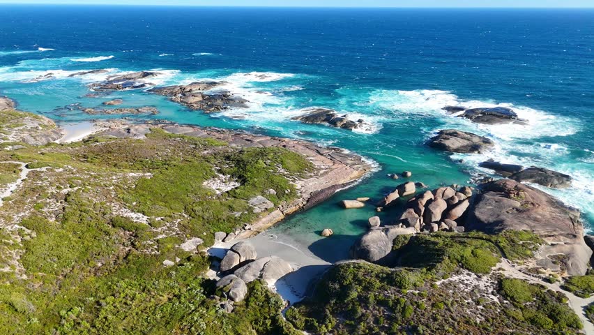 Aerial drone view of Elephant Rocks Beach and Elephant Cove. William Bay National Park near Denmark. Stunning natural rock formations surrounded by turquoise waters.