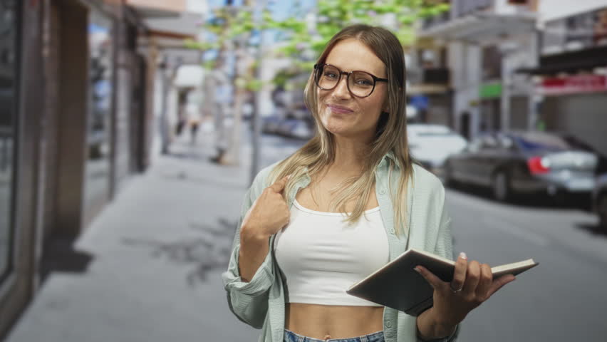 Woman holding a book and pointing to her chest while smiling and showing bare midriff on a busy city street with parked cars and storefronts; learning joy.
