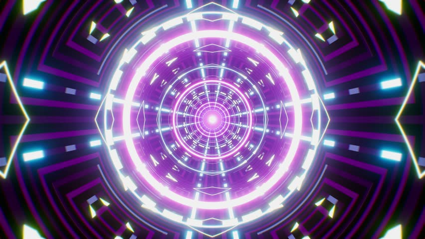 A mesmerizing geometric neon tunnel VJ loop with glowing lines and pulsating lights, perfect for music visualization and high-energy stage backgrounds.