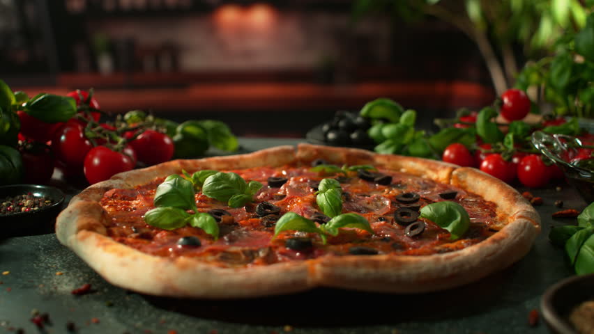 Rotating Fresh Pizza, Endless Loopable Slow Motion Shot.