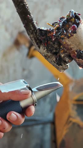 Grape must sampling for quality control: Winemaker extracting juice to measure Brix degrees in Mendoza.