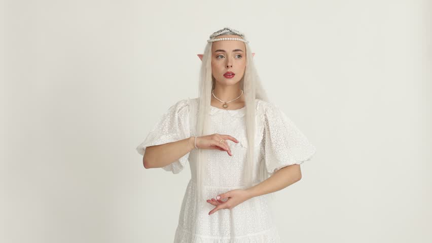 Beautiful girl dressed as elf on white background