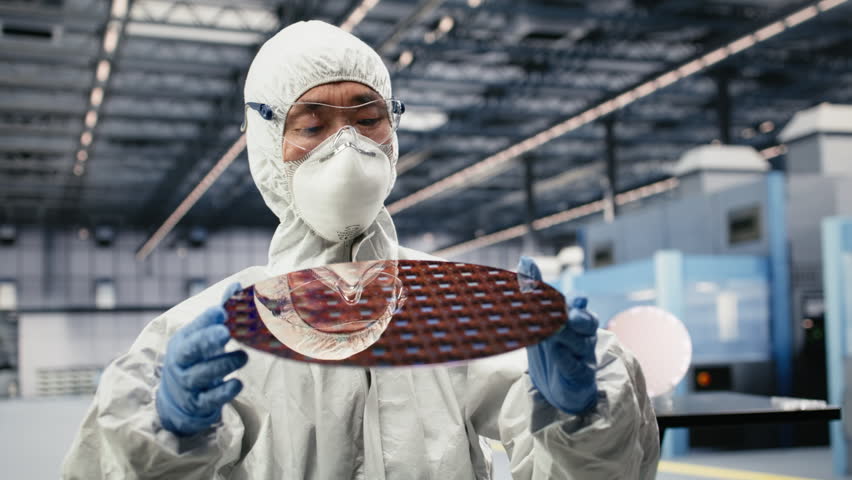 Researcher carefully carrying silicon wafer in research facility, trialing advanced materials. QC technician inspecting delicate semiconductor substrate, optimizing photolithography process