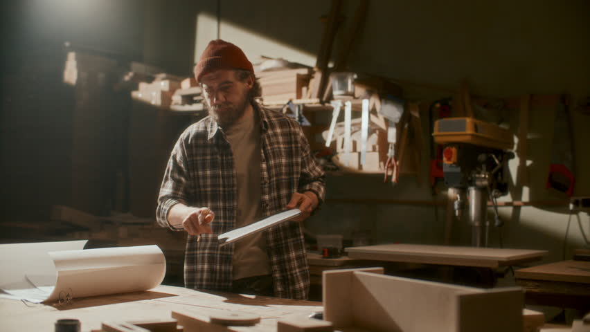 Modern carpenter in plaid shirt and beanie hat opening laptop, reviewing blueprints and surfing the Internet at workbench in warmly lit woodworking workshop