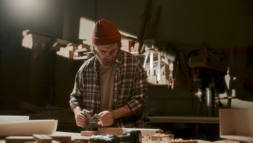Bearded woodworker shaping wooden board with hand plane at workbench, smoothing surface in warmly lit workshop