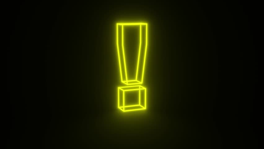 Exclamation Yellow Color Mark Glowing and Rotating on Black Background