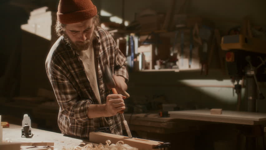 Focused carpenter carving wooden plank by striking chisel with mallet in cozy sunlit workshop, shaping material during crafting process