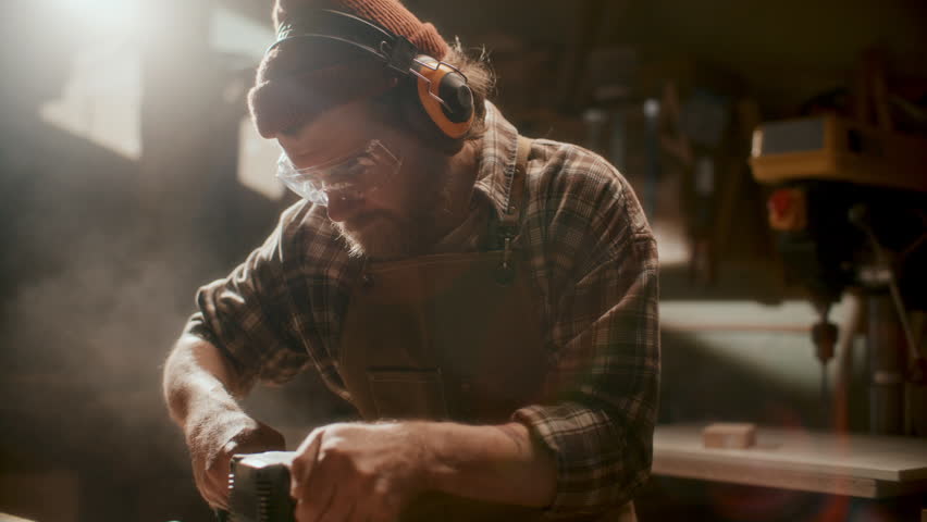 Professional carpenter in hearing protection and safety goggles sanding wooden board with power tool in woodworking workshop illuminated by warm sunlight. Tilt down shot