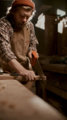 Bearded woodworker in apron and beanie sawing wooden board by hand in carpentry workshop, creating sawdust as cutting timber. Vertical shot