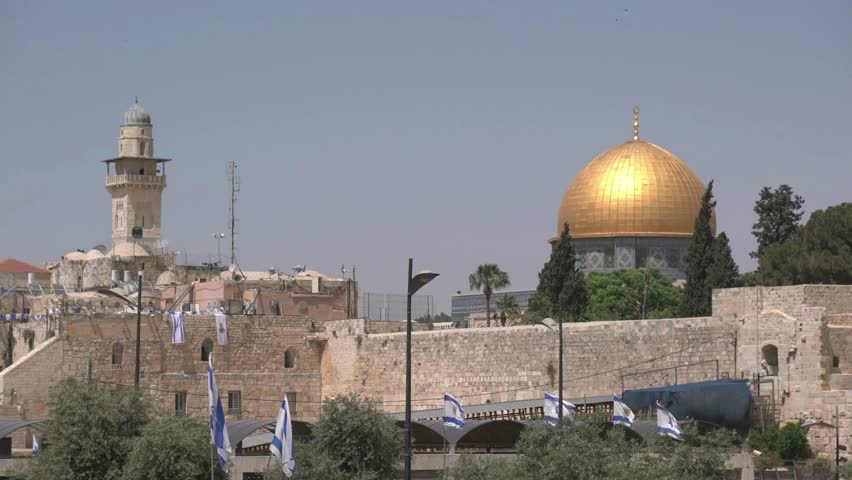 temple mount dome of the rock, concept palestine and israel dispute land War in Israel and Gaza. Western Wall and gold Dome of the Rock in old city