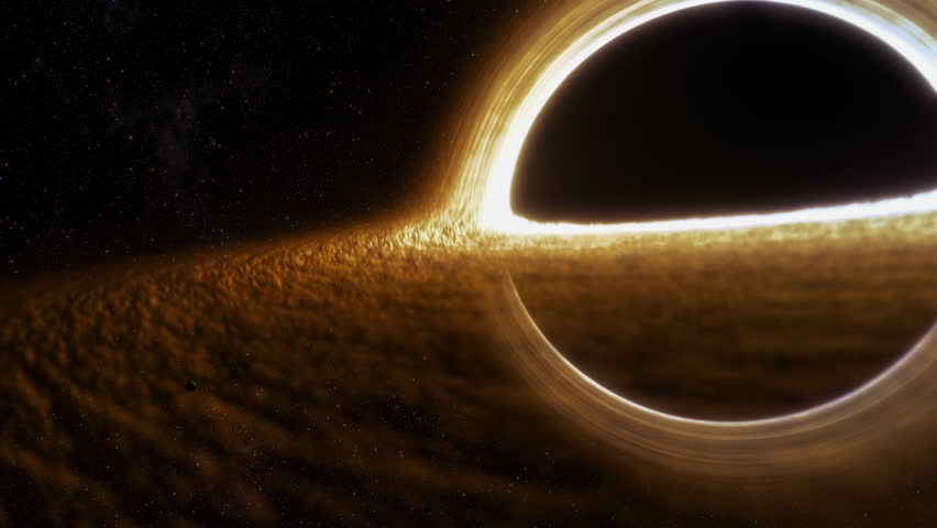 Supermassive black hole event horizon golden accretion disk gravitational lensing, warped spacetime, swirling plasma, deep space stars, cinematic cosmos, astrophysics concept, sci fi background