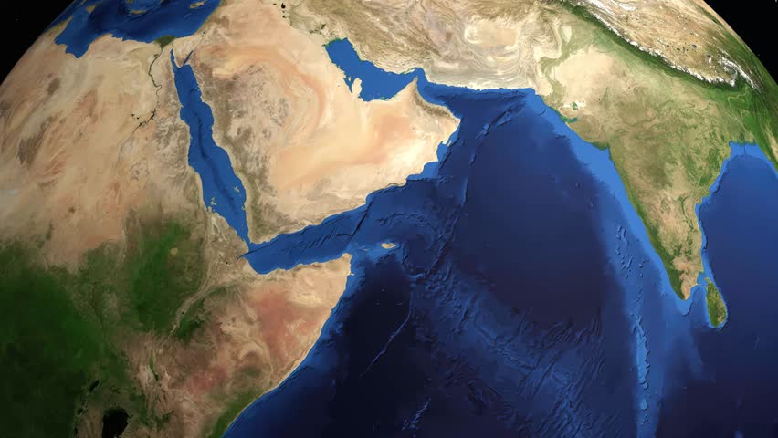 Satellite view animation tracks a commercial airplane flying from Barcelona across the Mediterranean to Doha