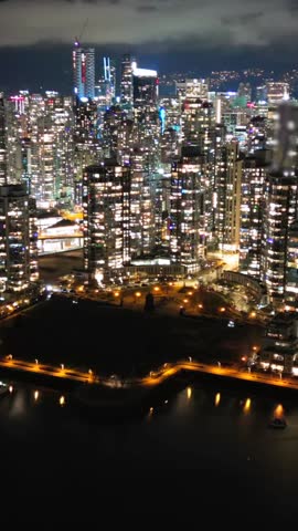 Aerial time-lapse on downtown of Vancouver at night, Canada
