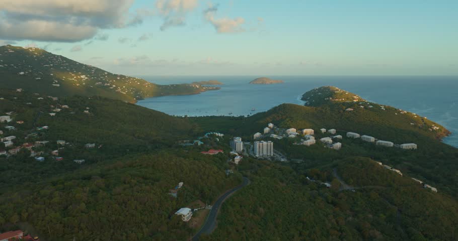Luxury Hotels With Lush Forest Hills At Magens Bay On St. Thomas In The U.S. Virgin Islands. Aerial Drone Shot