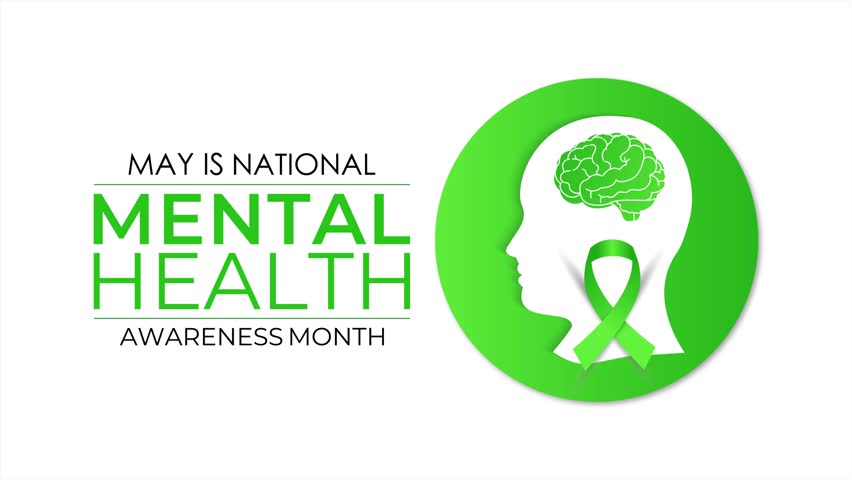 Mental Health Awareness Month animation with medical animation with brain symbol, awareness ribbon, and clear messaging for social media campaigns. 4k video animation.