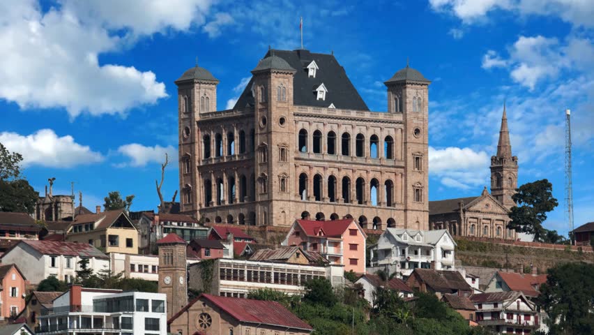 Rova of Antananarivo royal palace complex in Madagascar in Antananarivo or Tananarive, short Tana,  Poor capital and largest city in Madagascar, Madagasikara republic.Toledo, Spain town skyline on the Tagus River.
