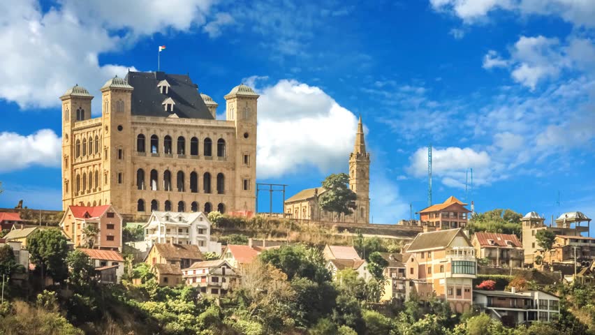 Rova of Antananarivo royal palace complex in Madagascar in Antananarivo or Tananarive, short Tana,  Poor capital and largest city in Madagascar, Madagasikara republic.Toledo, Spain old town city skyline at dawn.