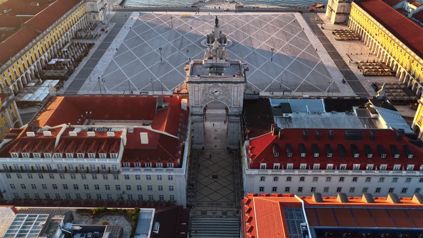 Drone shot of Lisbon city center at sunrise. Comercio square in the city of Lisbon, capital of Portugal 