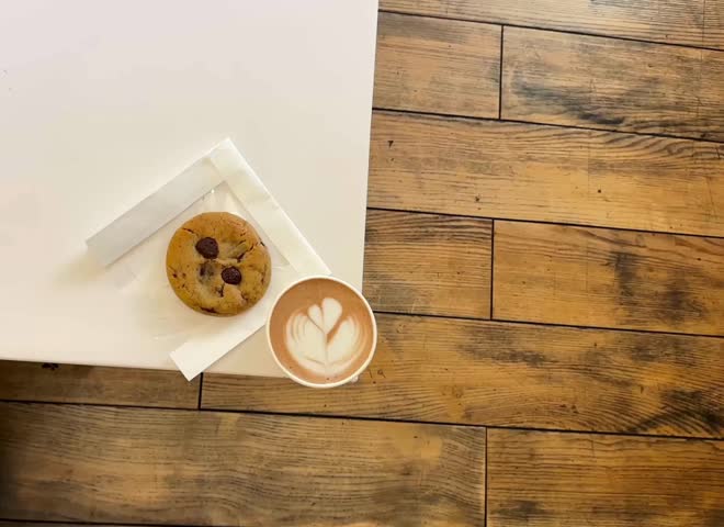Latte with soft foam art and cookies served on a table in a cozy cafe.