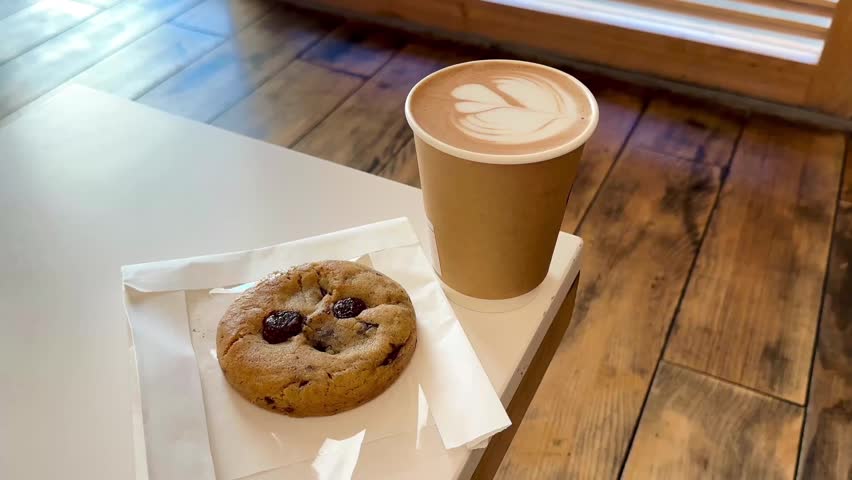 Latte art coffee with cookies on a wooden table in a cozy cafe.