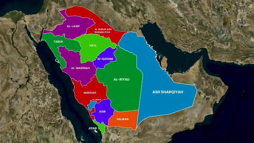 Saudi Arabia Map Animation Highlighting All Administrative Provinces Zoom Effect 4K