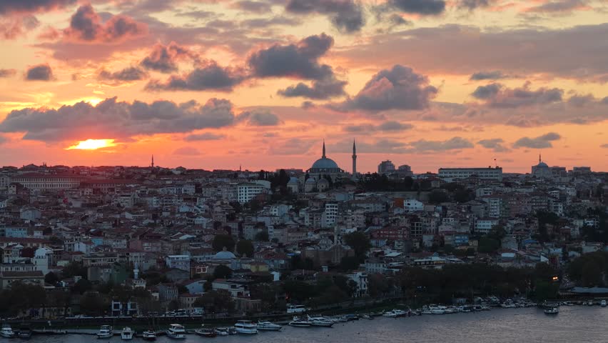 Aerial view of sunset and twilight glow over the Old Town (Sultanahmet) of Istanbul, Turkey.
