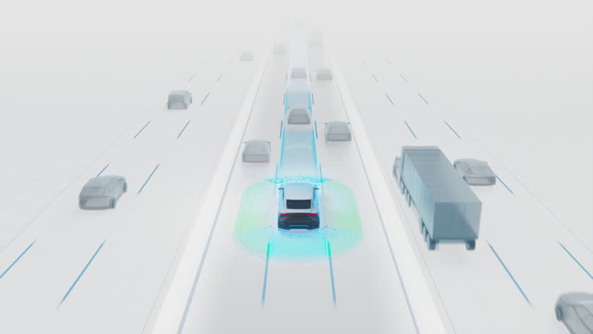 3D Animation: Mock-up of a Self-Driving Car White UI showing Surrounding Traffic and Lane Keeping Technology. Autonomous Car with Sensors and Advanced Cruise Control Capabilities. 