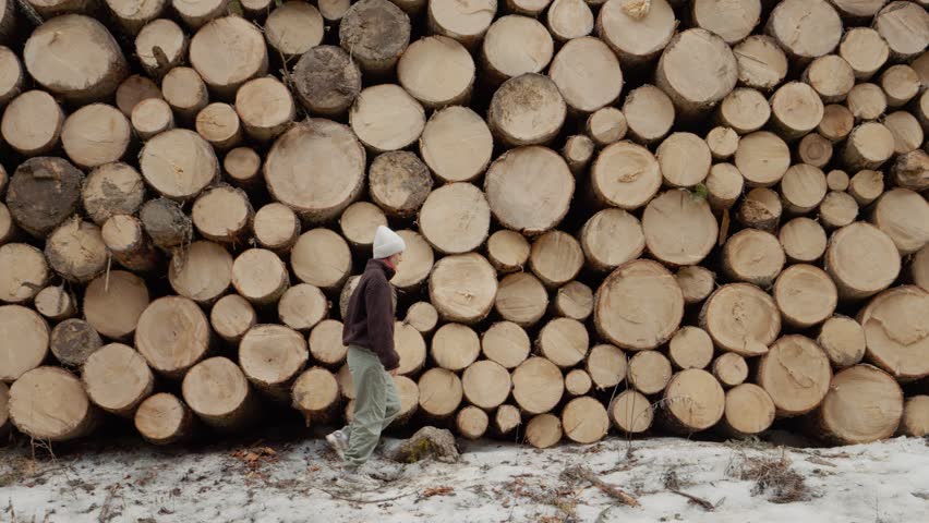 A woman walks along a path near a wall of stacked logs in a forest. The logs show circular cuts, and snow covers the ground around the stacks.