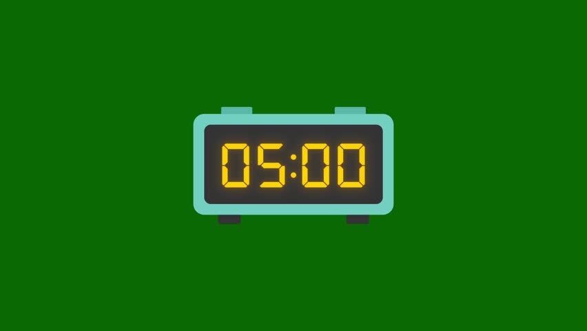 Digital clock flat vector with 5 second timer animation on green screen background for overlay use