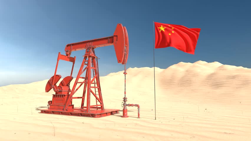 China oil industry concept with pumpjack and national flag in desert landscape. 3D Render