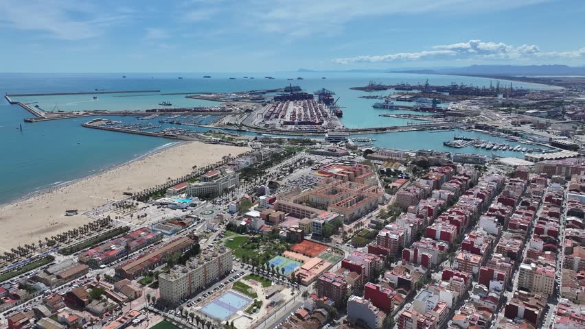 Las Arenas Beach At Valencia In Valencian Community Spain. Urban Beach. Bay Water Scenery. Downtown City. Las Arenas Beach At Valencia In Valencian Community Spain. Peaceful Landscape.